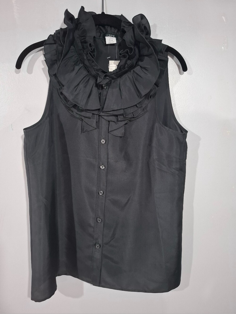 J. Crew Black Sleeveless Ruffle-Collar Button Front Top